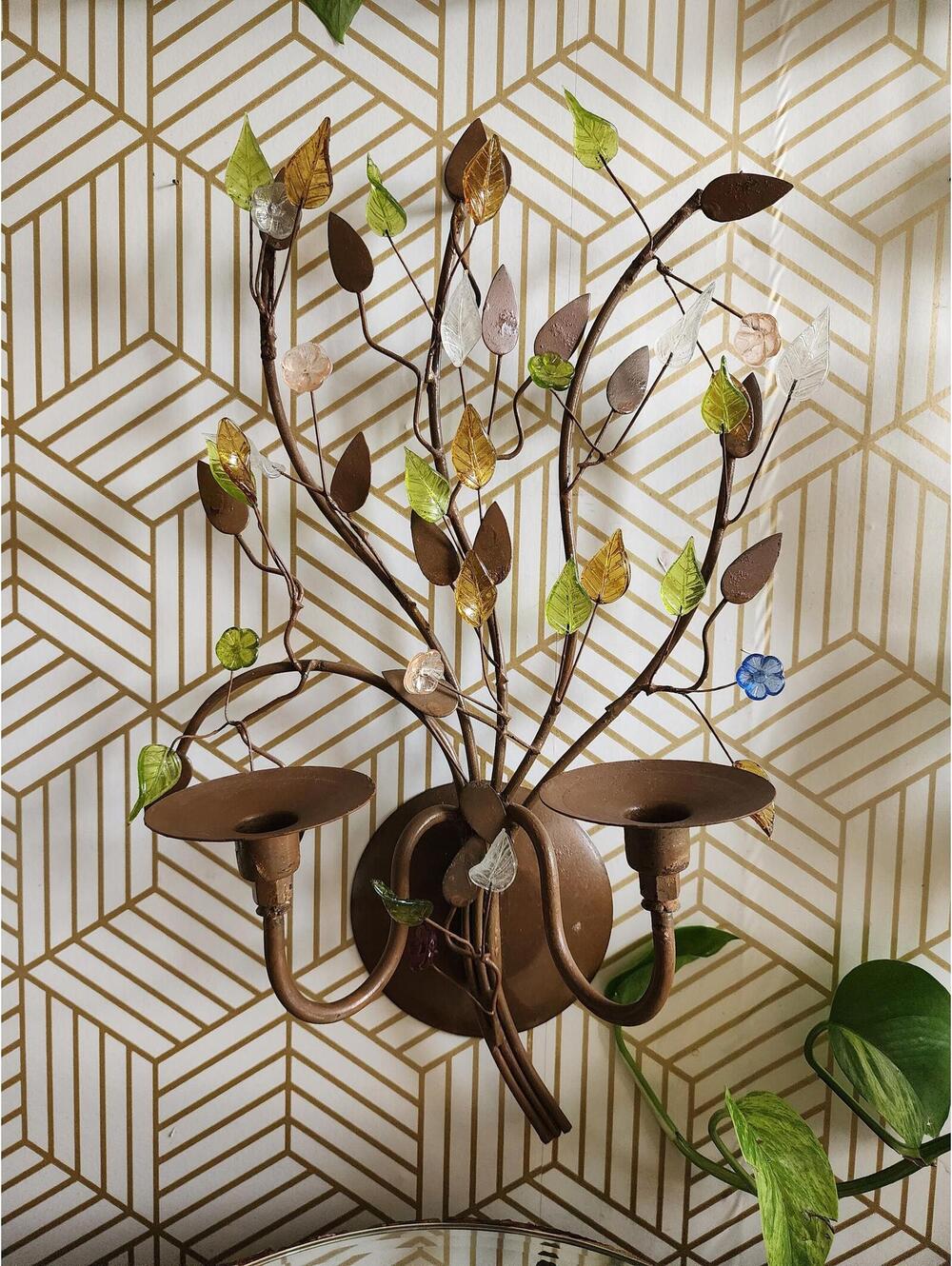 Vintage Iron Candlestick Sconce With Glass Flowers and Leaves 18"